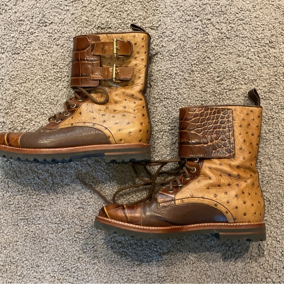 Max Mara Croc Ostrich Leather Cap Toe Lace Up Combat Dress Boots Y2K sz 8.5, NEW - Picture 7 of 7